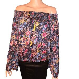 Free People Floral Print‎ Off Shoulder Blouse Top Large Bohemian Chic